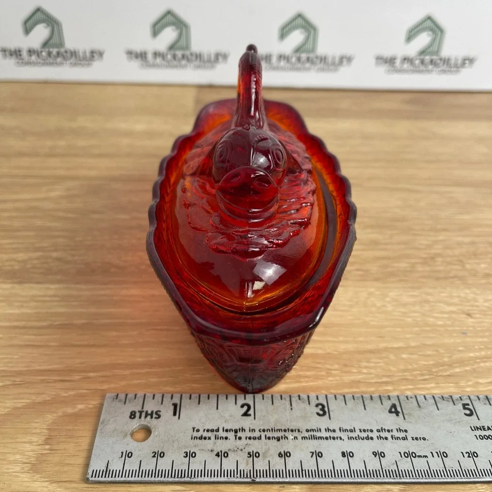 Vintage Amberina Glass Koi Fish Covered Gravy Boat Dish Red Orange 7 Inch
